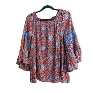 Crown & Ivy Curvy Orange Blue Medallion Bell Sleeve Lace Blouse 1X XL Peasant